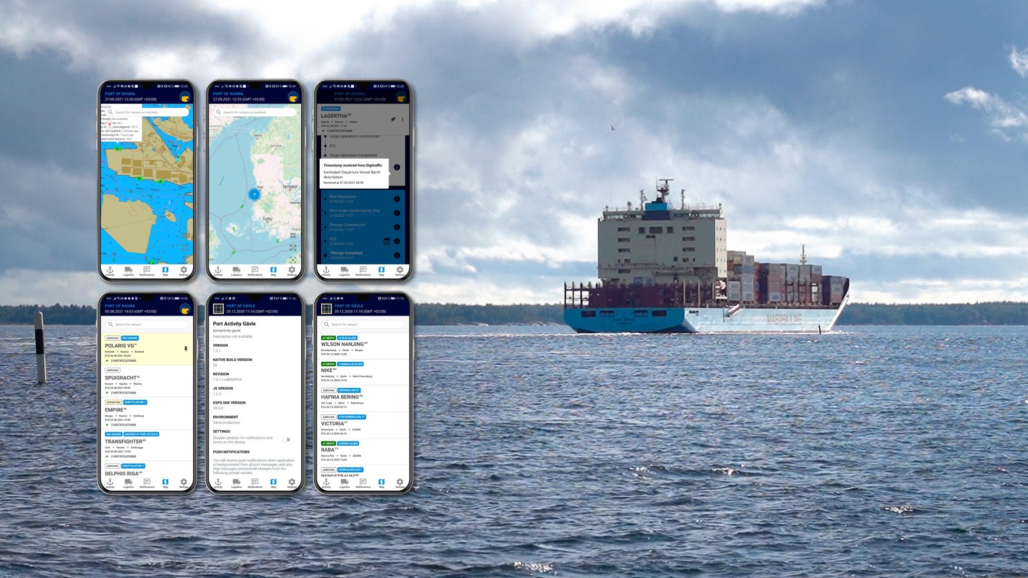 Rahtilaiva merellä sekä ote satamasovelluksen näkymistä puhelimen näytöllä.