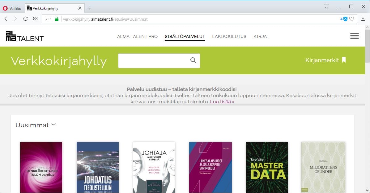 Alma Talent verkkokirjahylly, näytönkaappaus, screenshot.