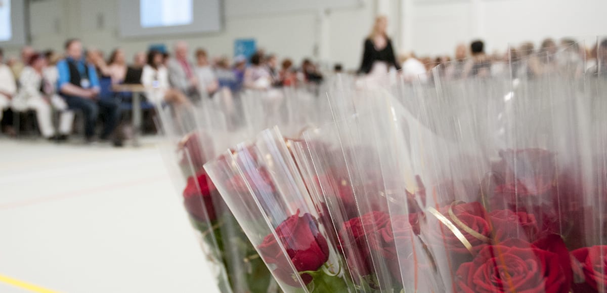 Valmistumisjuhlan sali, taka-alalla ihmisiä tuoleissaan, etualalla yksittäispakattuja ruusuja.