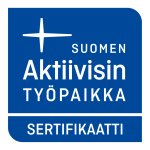 Sininen banner, jossa lukee Suomen aktiivisin työpaikka, sertifikaatti.