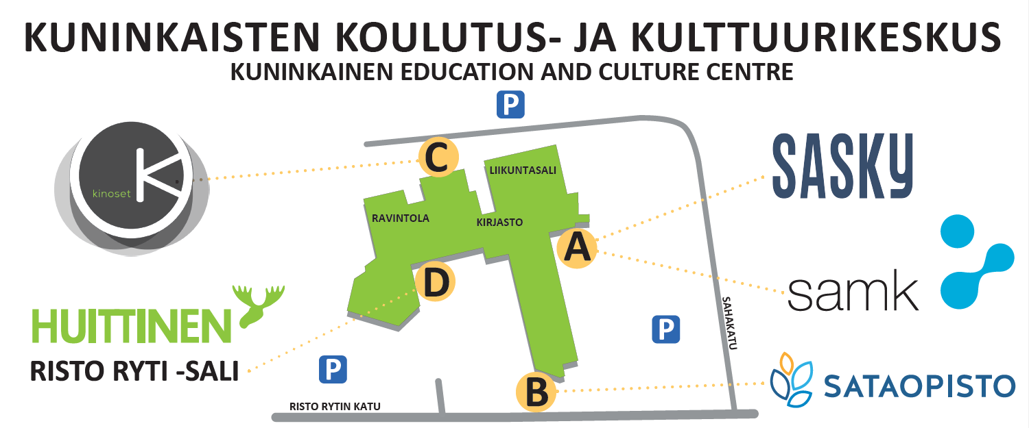 Tässä on kartta Kuninkaisten koulutus- ja kulttuurikeskuksen piha-alueelta